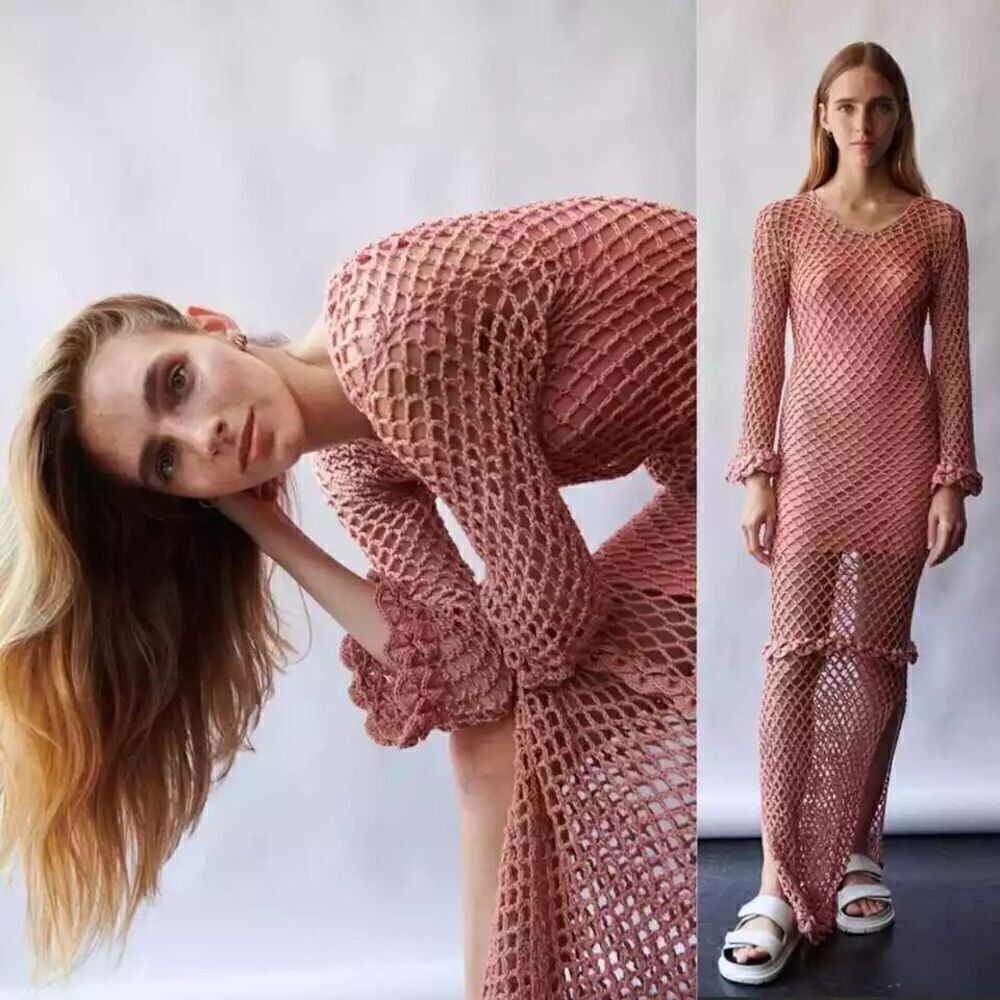 AYNI Pink Coral Imac Long Sleeve Maxi Dress Crochet Side Slits Womens M NEW